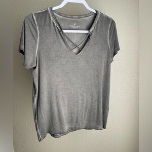 American Eagle Outfitters Gray/Green V-Neck Crisscross Short Sleeve Tee